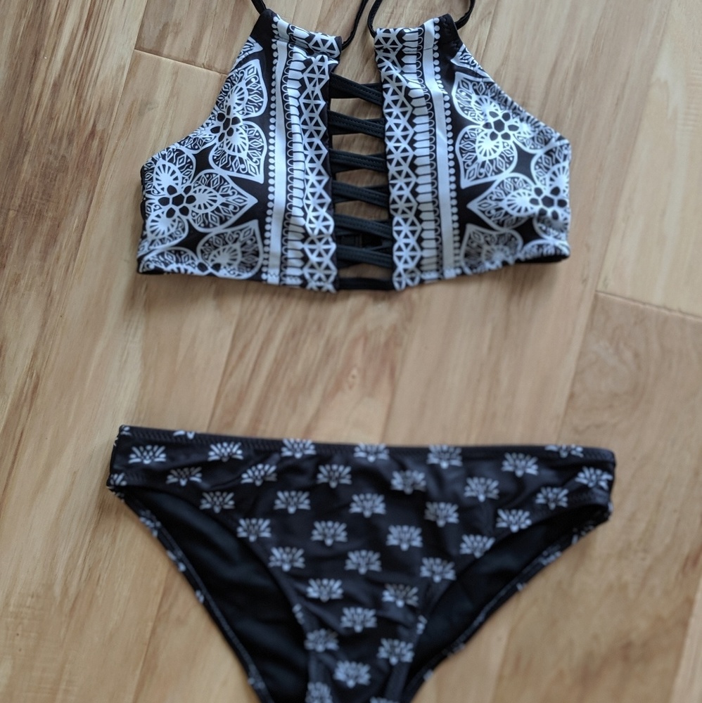 B&W Floral High Neck Swim suit